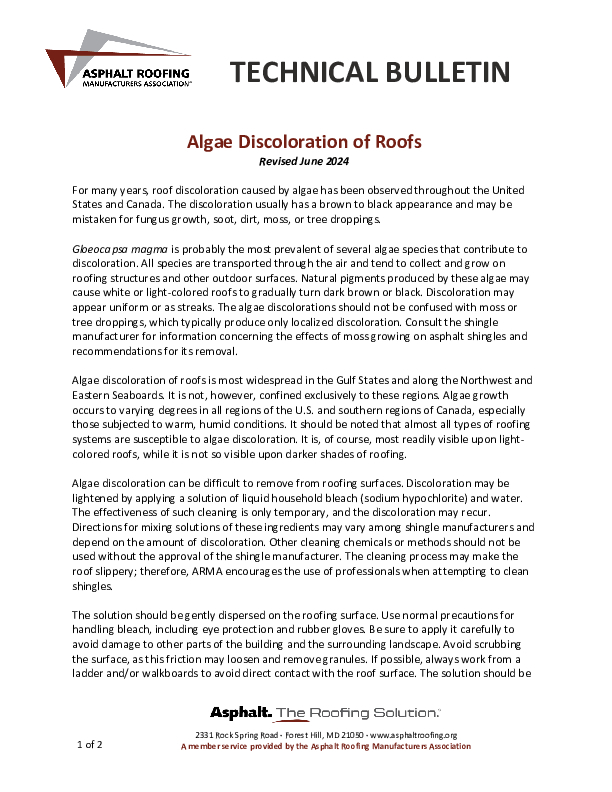 ARMA Algae Discoloration of Roofs