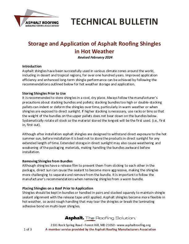 ARMA Storage & Application of Asphalt Roofing Shingles in Hot Weather