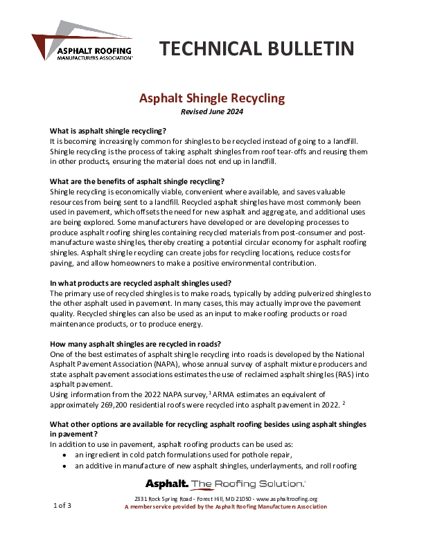 ARMA Asphalt Shingle Recycling