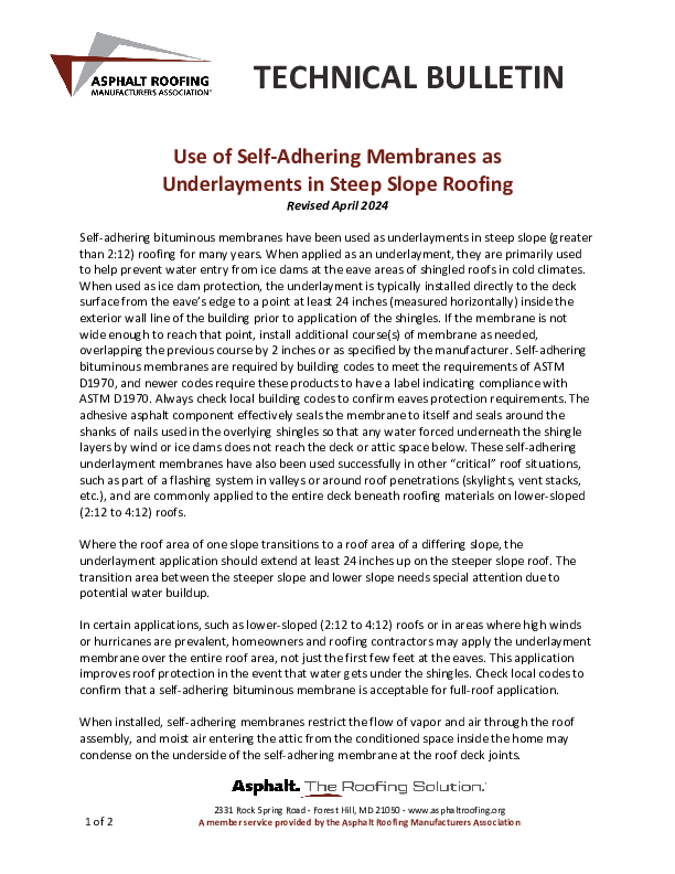 ARMA Use of Self-Adhering Membranes as Underlayment in Steep Slope Roofing