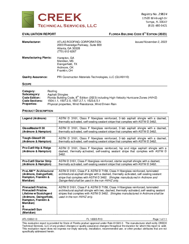 FL16305 R11 II ATL13002 11 2020 FBC Eval Shingles final