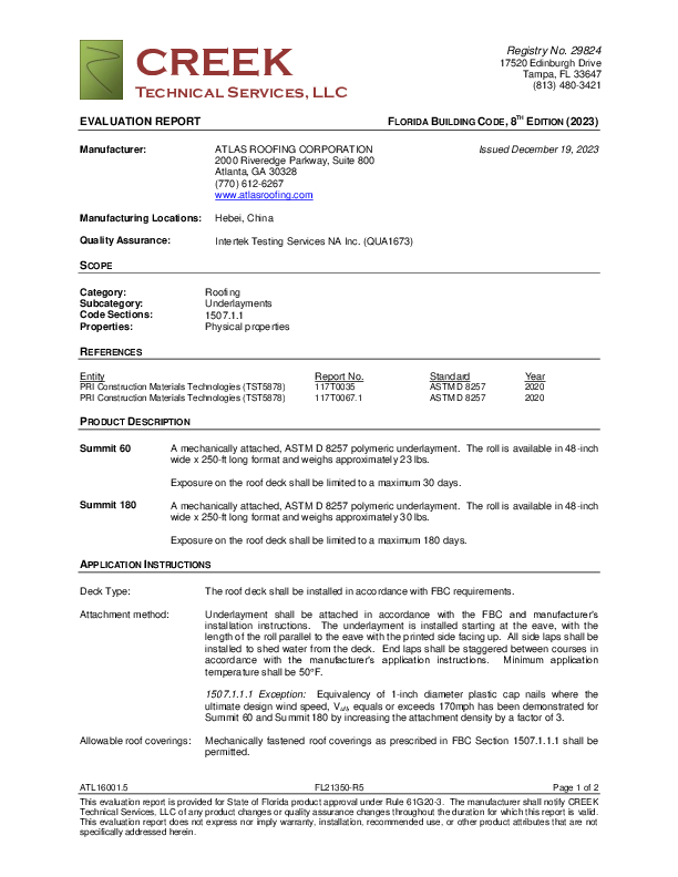 Florida Building Approval Report (Rapid Cover, Summit 60, Summit 180 - FL 21350)